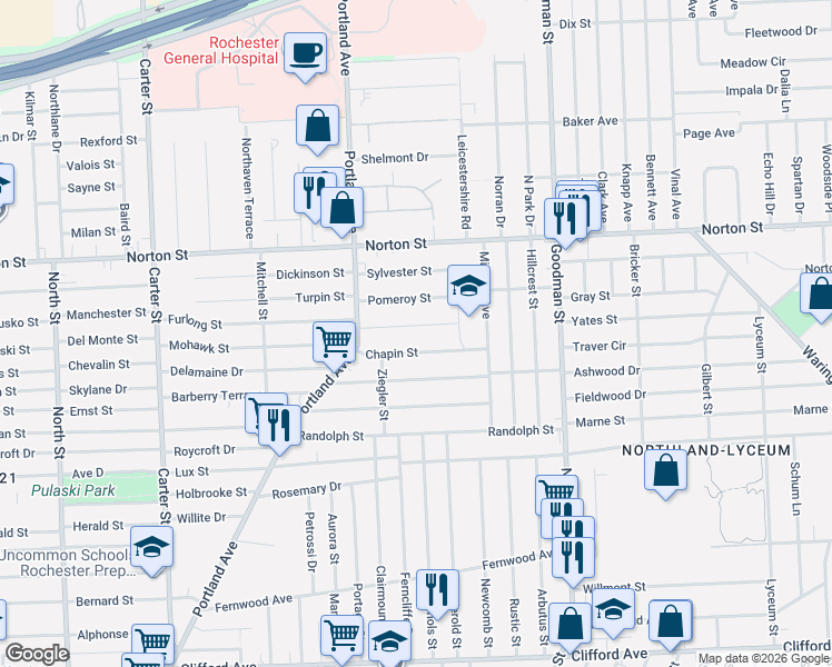 map of restaurants, bars, coffee shops, grocery stores, and more near 87 Jackson Street in Rochester