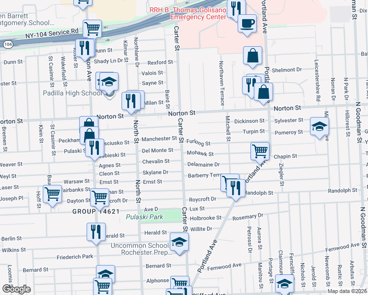 map of restaurants, bars, coffee shops, grocery stores, and more near 453 Carter Street in Rochester