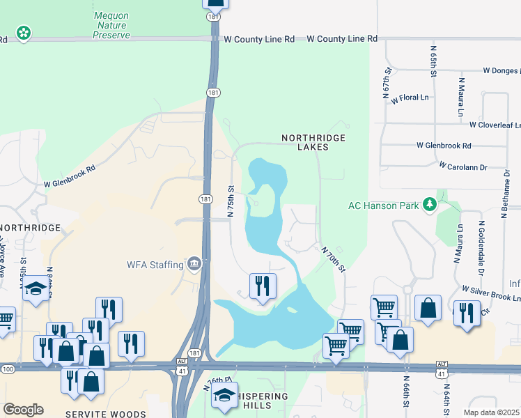 map of restaurants, bars, coffee shops, grocery stores, and more near 9200 North 75th Street in Milwaukee