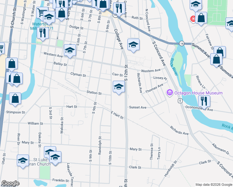 map of restaurants, bars, coffee shops, grocery stores, and more near 634 South 12th Street in Watertown