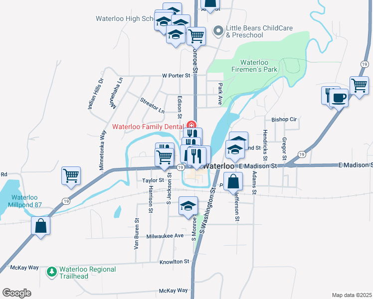 map of restaurants, bars, coffee shops, grocery stores, and more near 173 North Monroe Street in Waterloo