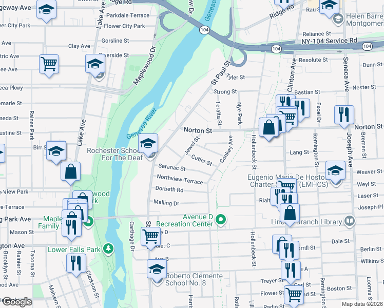 map of restaurants, bars, coffee shops, grocery stores, and more near 50 Jewel Street in Rochester