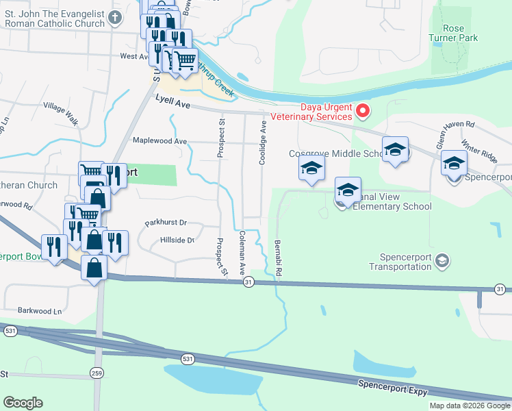 map of restaurants, bars, coffee shops, grocery stores, and more near 121 Coolidge Ave in Spencerport
