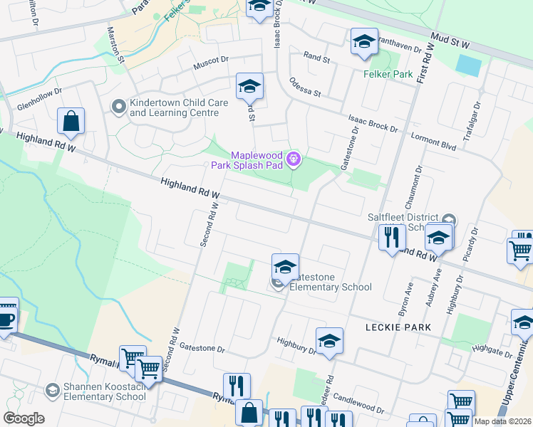 map of restaurants, bars, coffee shops, grocery stores, and more near 227 Highland Road West in Hamilton