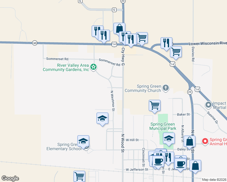 map of restaurants, bars, coffee shops, grocery stores, and more near 550 Tamarack Road in Spring Green