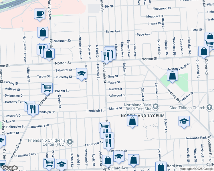 map of restaurants, bars, coffee shops, grocery stores, and more near 1626 Goodman Street North in Rochester