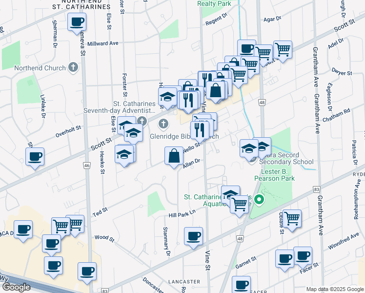 map of restaurants, bars, coffee shops, grocery stores, and more near 16 Nello Street in Saint Catharines