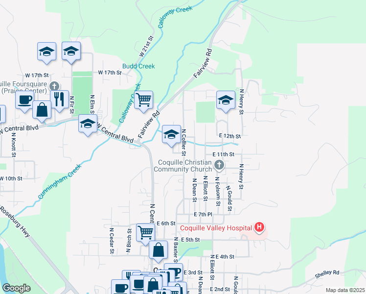 map of restaurants, bars, coffee shops, grocery stores, and more near 1137 North Collier Street in Coquille