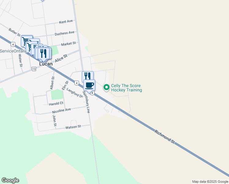 map of restaurants, bars, coffee shops, grocery stores, and more near 101 Watts Drive in Lucan