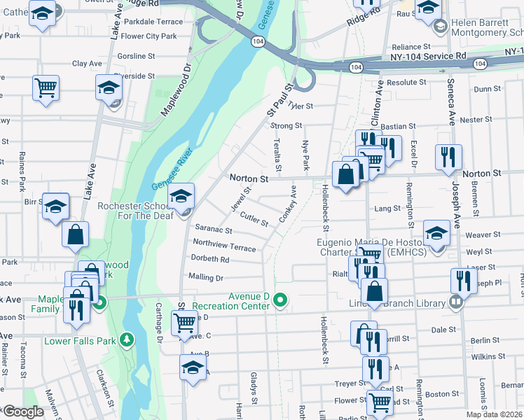 map of restaurants, bars, coffee shops, grocery stores, and more near 33 Carthage Street in Rochester