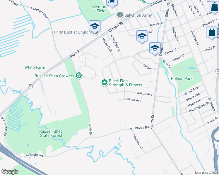 map of restaurants, bars, coffee shops, grocery stores, and more near 15 New Castle Street in Concord