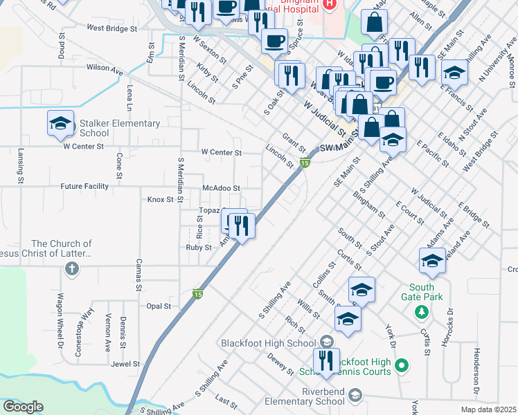 map of restaurants, bars, coffee shops, grocery stores, and more near 695 South Ash Street in Blackfoot