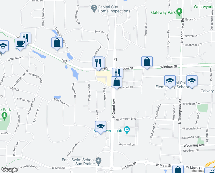 map of restaurants, bars, coffee shops, grocery stores, and more near Ironwood Drive in Sun Prairie