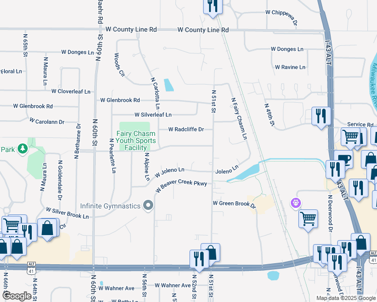map of restaurants, bars, coffee shops, grocery stores, and more near 5333 West Fairy Chasm Road in Brown Deer