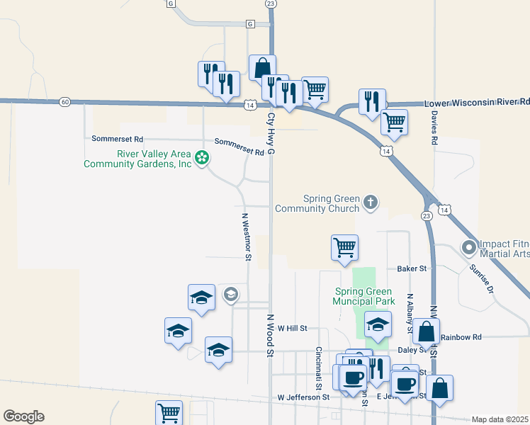 map of restaurants, bars, coffee shops, grocery stores, and more near 501 County Highway G in Spring Green