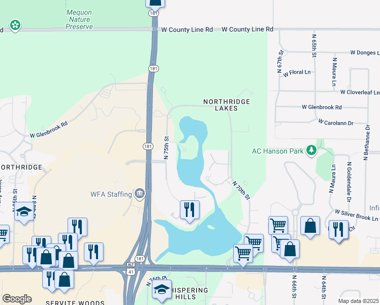 map of restaurants, bars, coffee shops, grocery stores, and more near 9200 North 75th Street in Milwaukee