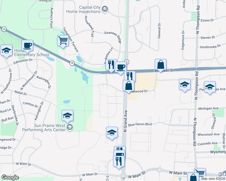map of restaurants, bars, coffee shops, grocery stores, and more near 454 Bella Way in Sun Prairie