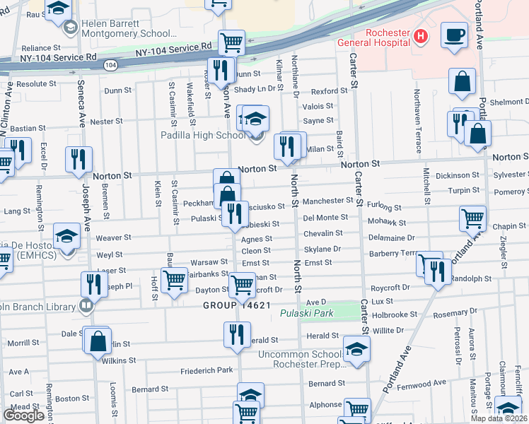 map of restaurants, bars, coffee shops, grocery stores, and more near 45 Kosciusko Street in Rochester