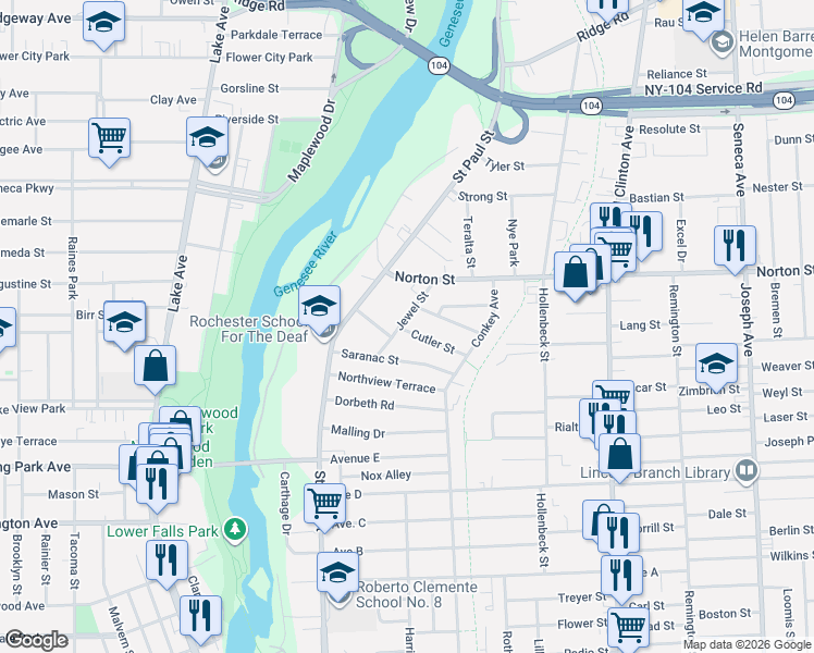 map of restaurants, bars, coffee shops, grocery stores, and more near 50 Jewel Street in Rochester