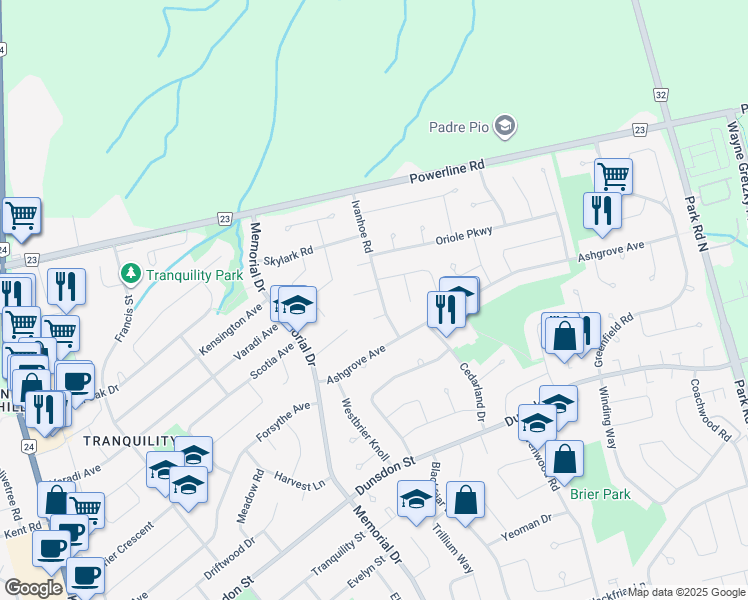 map of restaurants, bars, coffee shops, grocery stores, and more near 23 Ivanhoe Road in Brantford