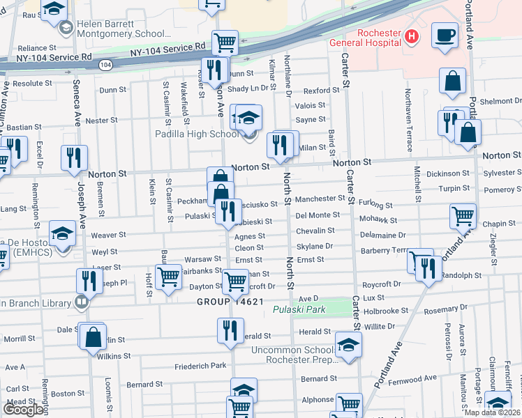 map of restaurants, bars, coffee shops, grocery stores, and more near 45 Kosciusko Street in Rochester