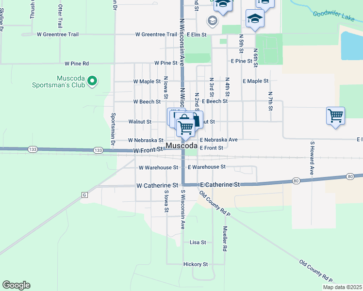 map of restaurants, bars, coffee shops, grocery stores, and more near in Muscoda
