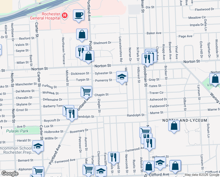 map of restaurants, bars, coffee shops, grocery stores, and more near 87 Jackson Street in Rochester