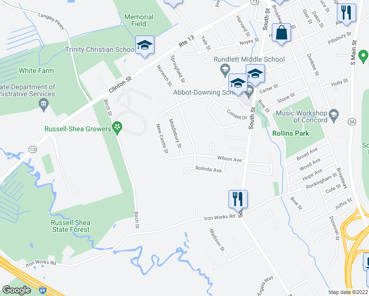 map of restaurants, bars, coffee shops, grocery stores, and more near 17 Middlebury Street in Concord