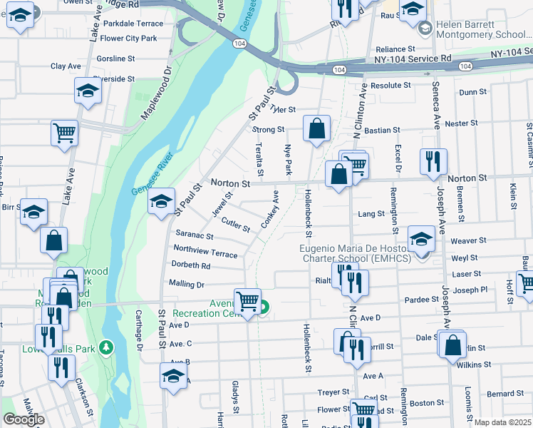 map of restaurants, bars, coffee shops, grocery stores, and more near 585 Conkey Avenue in Rochester
