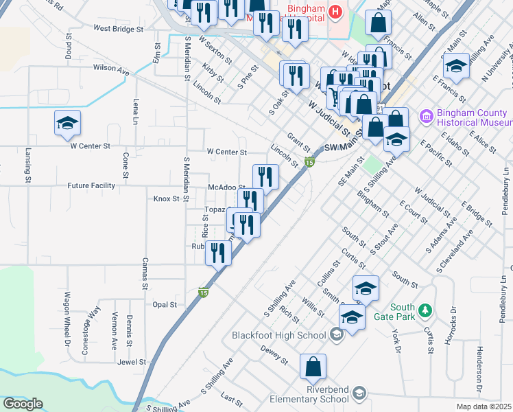 map of restaurants, bars, coffee shops, grocery stores, and more near 695 South Ash Street in Blackfoot