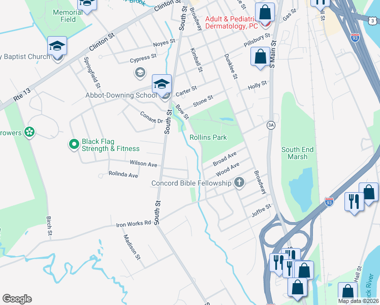 map of restaurants, bars, coffee shops, grocery stores, and more near 15 Brookside Drive in Concord