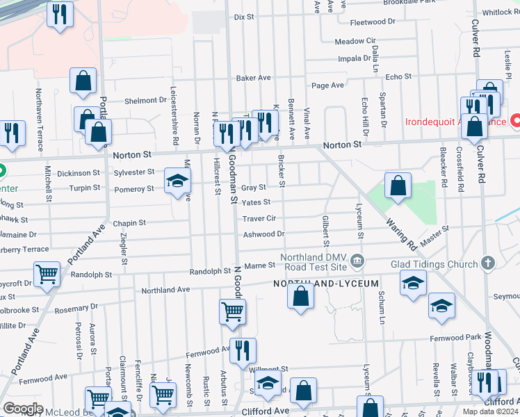 map of restaurants, bars, coffee shops, grocery stores, and more near 75 Yates Street in Rochester