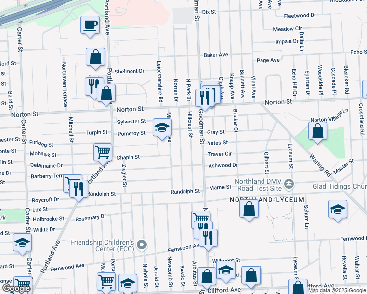 map of restaurants, bars, coffee shops, grocery stores, and more near 139 Norran Drive in Rochester