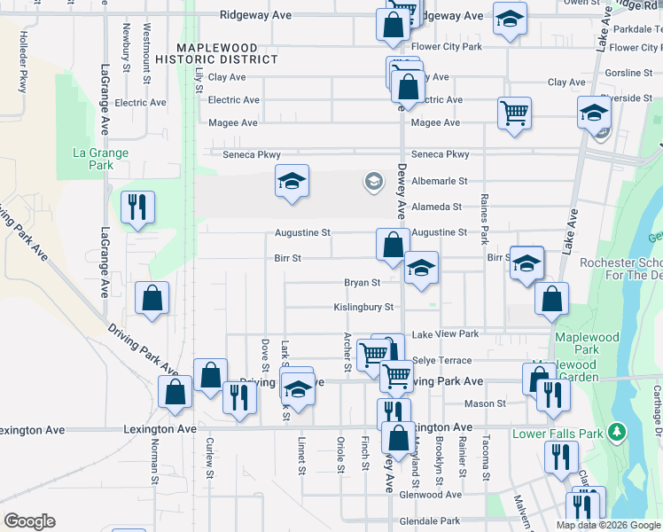 map of restaurants, bars, coffee shops, grocery stores, and more near 419 Birr Street in Rochester
