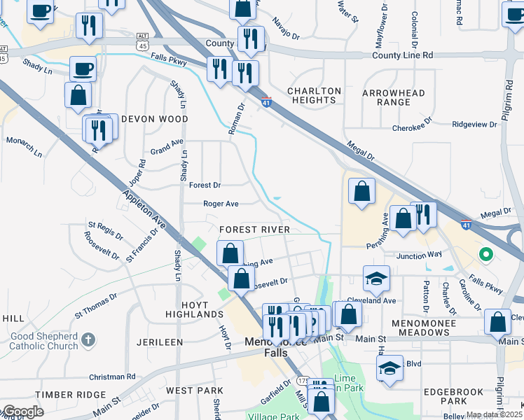 map of restaurants, bars, coffee shops, grocery stores, and more near N92W16863 Roger Avenue in Menomonee Falls