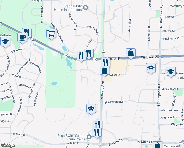 map of restaurants, bars, coffee shops, grocery stores, and more near 454 Bella Way in Sun Prairie