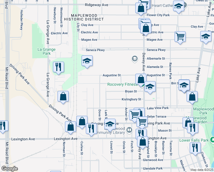 map of restaurants, bars, coffee shops, grocery stores, and more near 473 Birr Street in Rochester