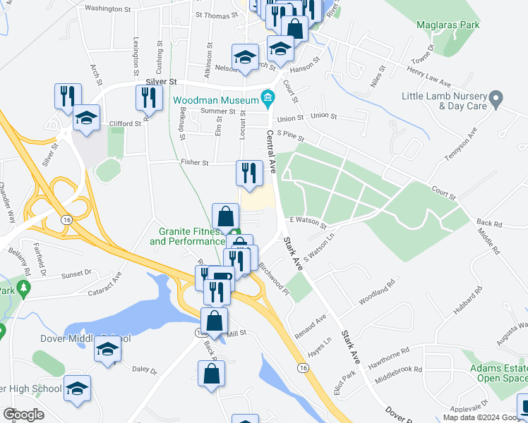 map of restaurants, bars, coffee shops, grocery stores, and more near 71 Monroe Street in Dover