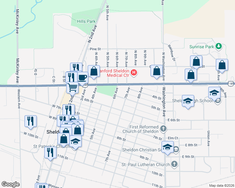 map of restaurants, bars, coffee shops, grocery stores, and more near 621 5th Street in Sheldon