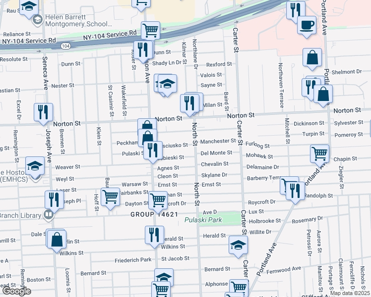 map of restaurants, bars, coffee shops, grocery stores, and more near 101 Kosciusko Street in Rochester
