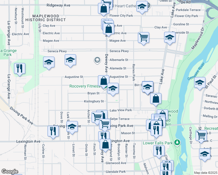 map of restaurants, bars, coffee shops, grocery stores, and more near 1050 Dewey Avenue in Rochester
