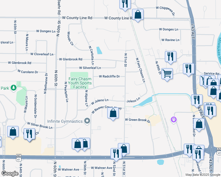 map of restaurants, bars, coffee shops, grocery stores, and more near 5333 West Fairy Chasm Road in Brown Deer