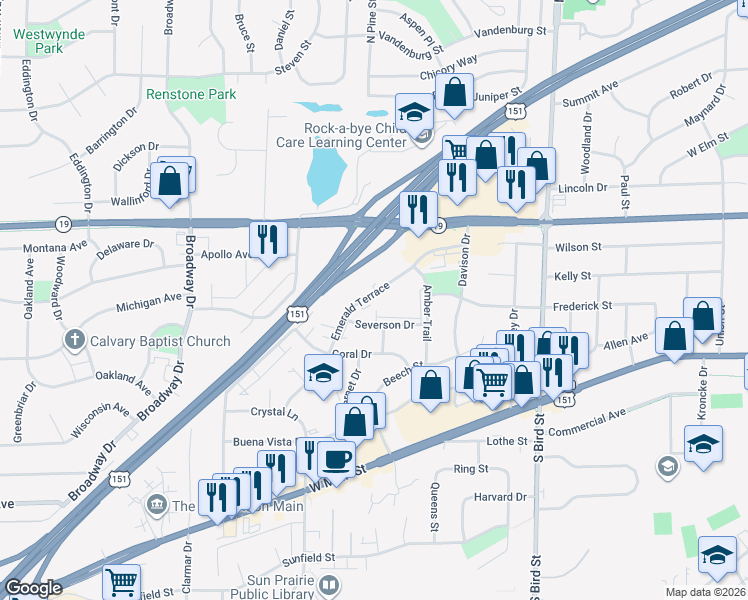 map of restaurants, bars, coffee shops, grocery stores, and more near 1205 Emerald Terrace in Sun Prairie