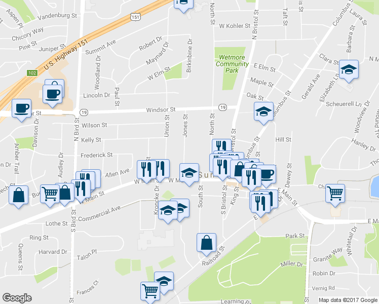 map of restaurants, bars, coffee shops, grocery stores, and more near 161 Jones Street in Sun Prairie