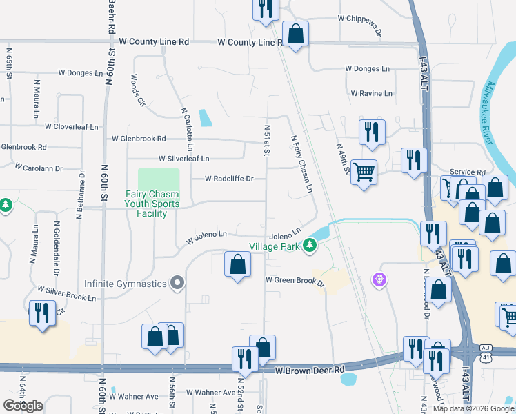 map of restaurants, bars, coffee shops, grocery stores, and more near 5111 West Fairy Chasm Road in Brown Deer