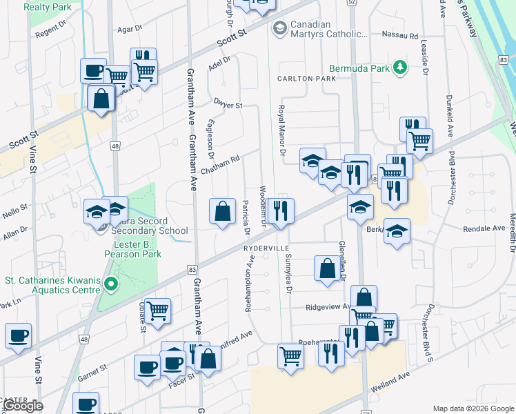 map of restaurants, bars, coffee shops, grocery stores, and more near 11 Woodelm Drive in St. Catharines