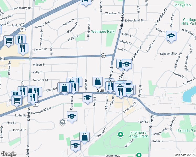 map of restaurants, bars, coffee shops, grocery stores, and more near 160 North Street in Sun Prairie
