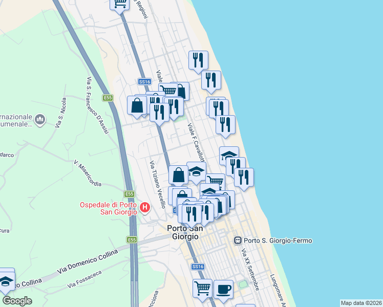 map of restaurants, bars, coffee shops, grocery stores, and more near 18 Via Firenze in Porto San Giorgio