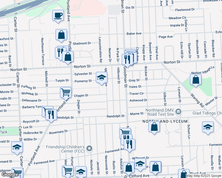 map of restaurants, bars, coffee shops, grocery stores, and more near 139 Norran Drive in Rochester