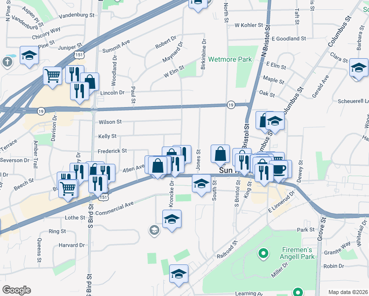 map of restaurants, bars, coffee shops, grocery stores, and more near 161 Union Street in Sun Prairie